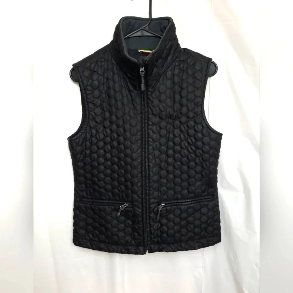 FILA Vintage Womens Black Quilted Ski Team Insulated Vest Zip Pockets Size Med